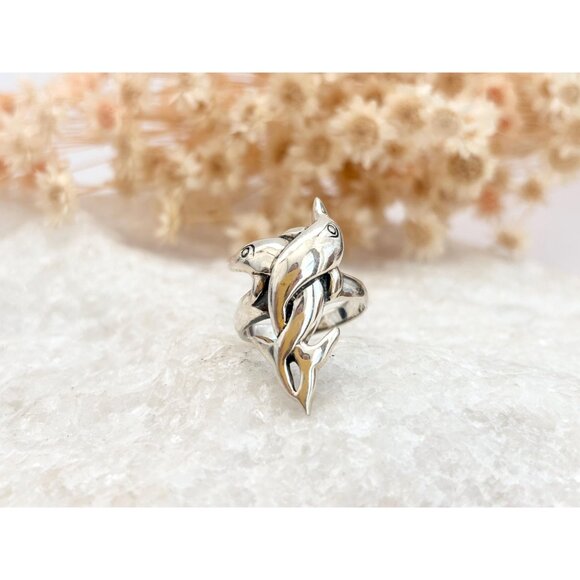 Interlocking Twin Dolphin Figural 925 Sterling Silver Unisex Vintage Ring - sz 6 - Picture 10 of 11